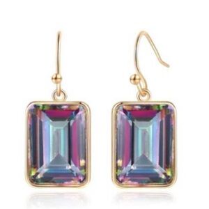 18KT Gold Filled Emerald Cut Mystic Topaz Drop Earrings NWT